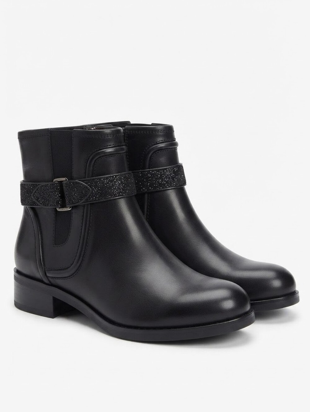 Marina Rinaldi Black Leather Ankle Boots Glitter Wrap Strap Zip Women EU 40 US 9